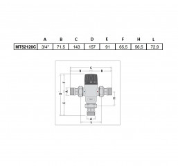 Thermostatischer Mischer CALEFFI 521, 20 x 27 (3/4") für Sanitärinstallationen, 30 - 65 Grad mit Rückschlagventilen