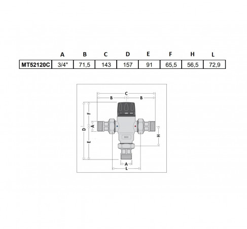 CALEFFI 521 thermostatic mixing valve, 20 x 27 (3/4") for sanitary installations, 30 - 65 degrees with check valves