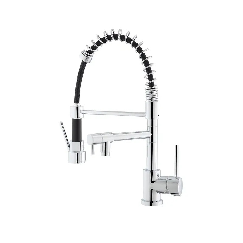 High sink mixer with hand shower and movable spout.