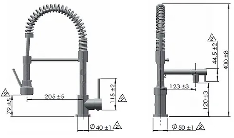 High sink mixer with hand shower and movable spout.