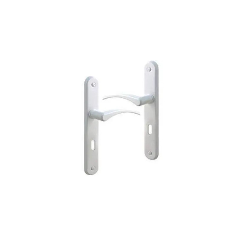 Door handle set with key drilling plate, white aluminum.