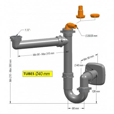 Vidage évier 1 cuve, siphon gain de place gris métallisé pour évier 1 bac, sortie laiton