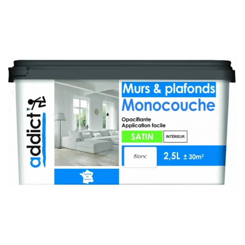 Peinture acrylique blanc satin opacifiante monocouche murs et plafonds, 2.5 L