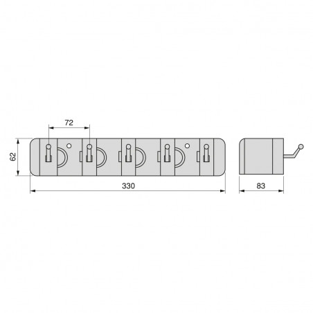 Support plastique avec crochets pour outils de nettoyage 330x62 mm, 5 crochets, 4 trous, gris 