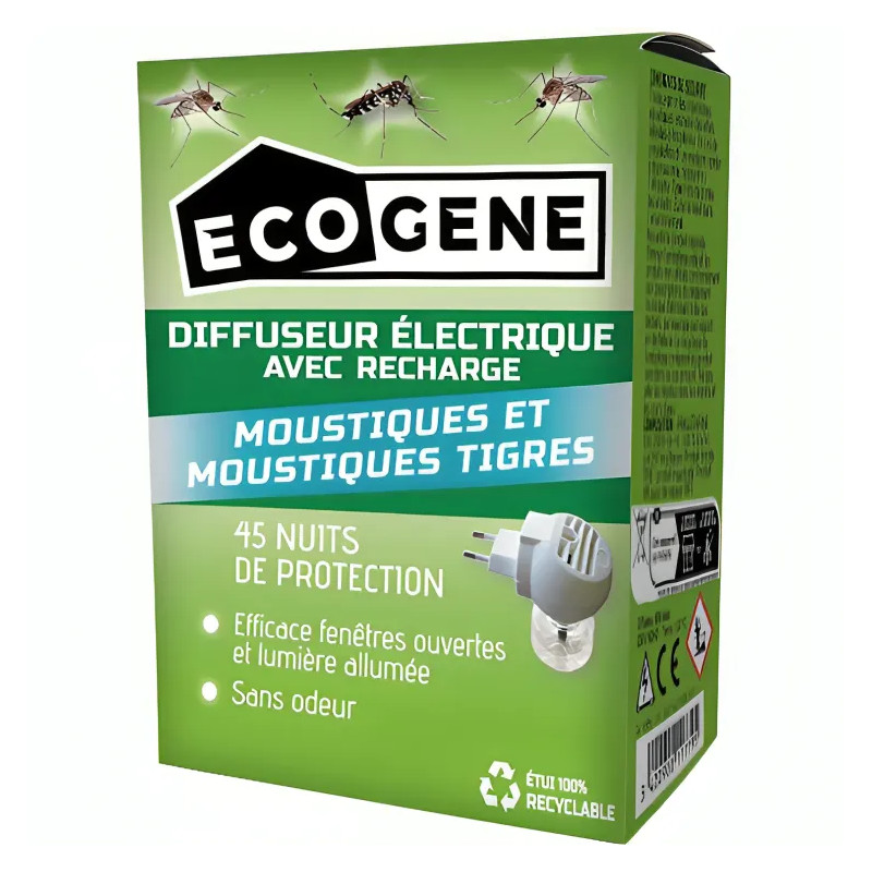 Diffuseur électrique anti-moustiques, dont tigres, 45 nuits, recharge 30 ml 