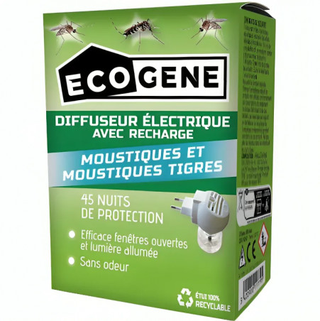 Diffuseur électrique anti-moustiques, dont tigres, 45 nuits, recharge 30 ml 