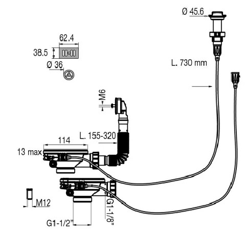 Colador de cestas para fregadero doble, desagüe automático por cable con rebosadero. 