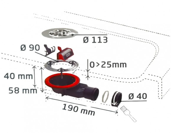 Bonde extraplate avec grille pour receveur de douche 90 mm SLIM+, hauteur 40 mm