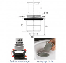 Colador de ducha vertical NF para plato de desagüe de 90 mm, sin tapa