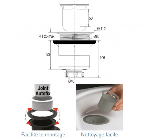 Bonde de douche vertical NF pour receveur D. 90 mm, sans capot