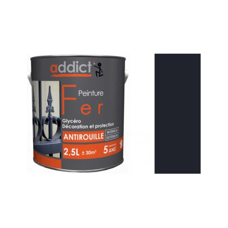 Peinture fer glycéro antirouille, gris anthracite brillant, 2,5 litre intérieur et extérieur Addict Peinture.