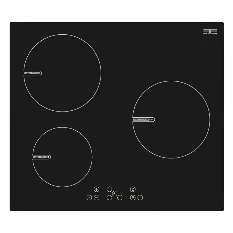 3-zone induction cooktop, touch-sensitive buttons.