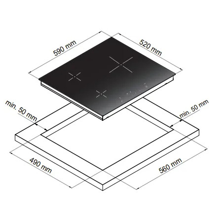 3-zone induction cooktop, touch-sensitive buttons.