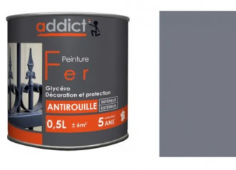 Peinture fer glycéro antirouille, gris argent, 0,5 litre intérieur et extérieur.