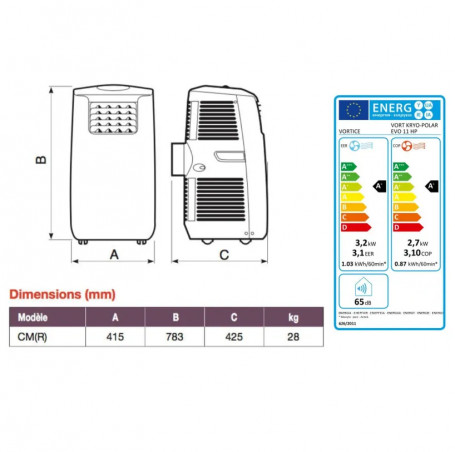 Climatiseur mobile monobloc réversible VORT KYRO POLAR EVO 3220W, 65066