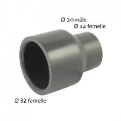 Réduction PVC pression mâle 32mm, femelle 12mm ou mâle 20mm.