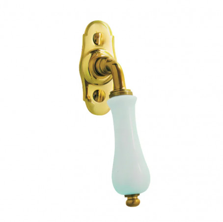 Pear-shaped window handle in white porcelain and polished brass.