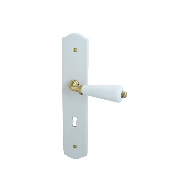 Half set on white porcelain and polished brass barrel plate, lock.