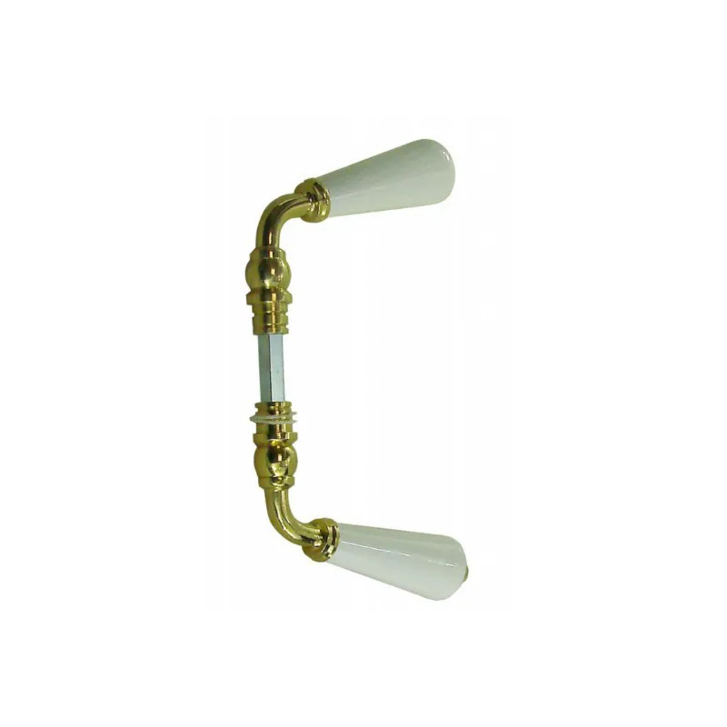 White porcelain and polished brass double-barrel lever handle.