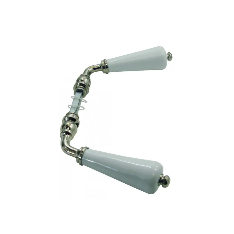 Double-barrelled lever handle in white porcelain and chrome-plated brass.