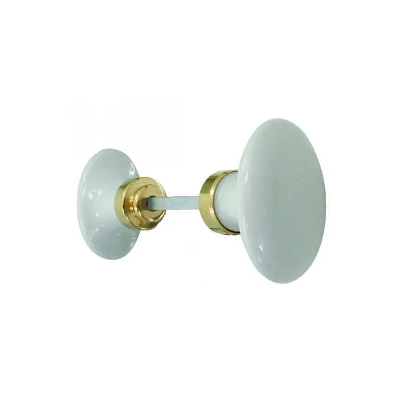 Double oval knob in white porcelain and polished brass.