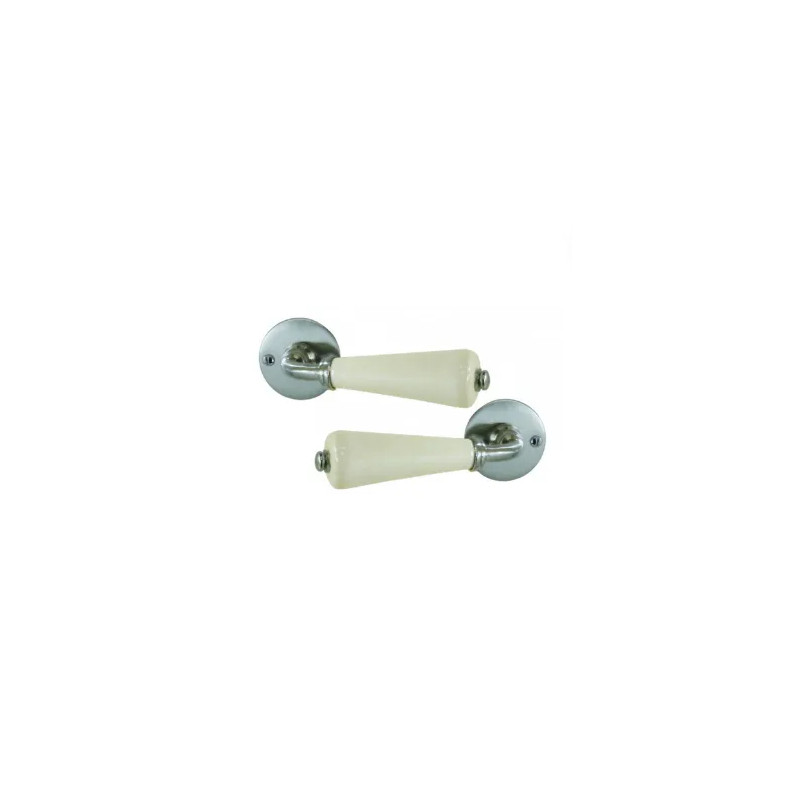 Set of double-barrel lever handles in unbleached porcelain on satin nickel rosette.