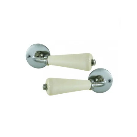 Set of double-barrel lever handles in unbleached porcelain on satin nickel rosette.