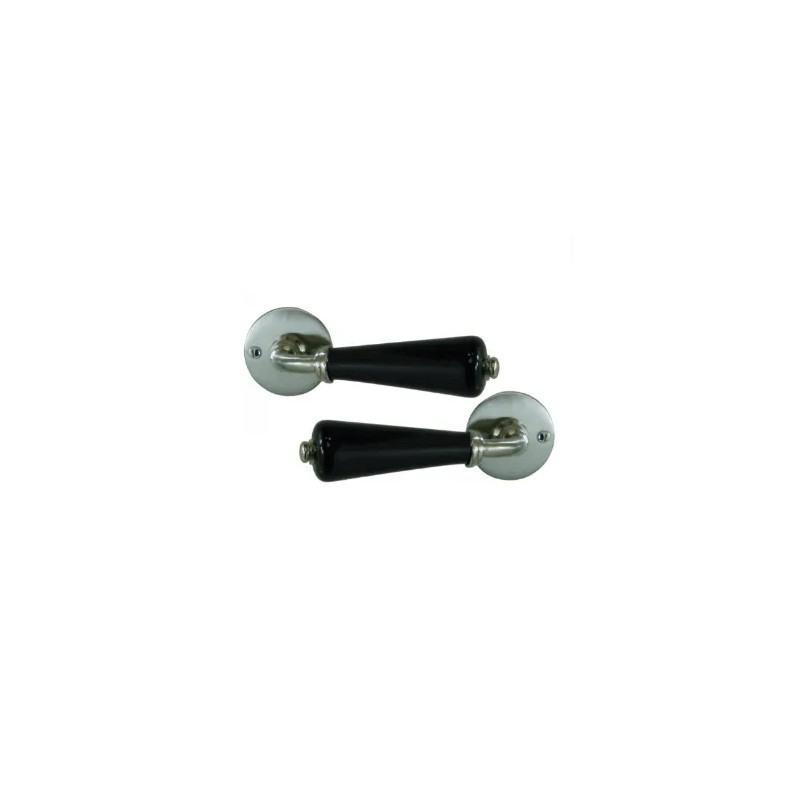 Set of black porcelain double-barrelled lever handles on satin nickel rosette.