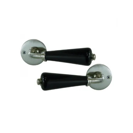 Set of black porcelain double-barrelled lever handles on satin nickel rosette.