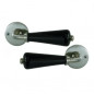 Set of black porcelain double-barrelled lever handles on satin nickel rosette.