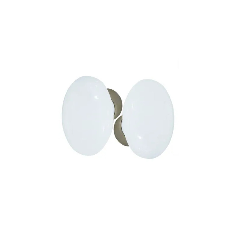 Set of double oval white porcelain handles on a brushed nickel-plated bowl.