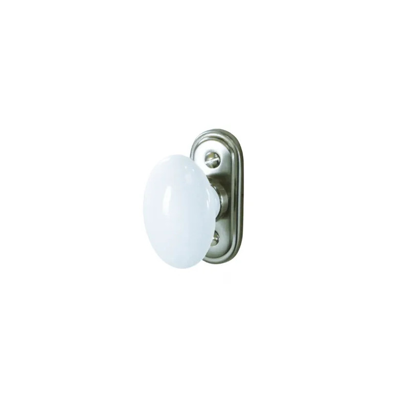 White porcelain oval window knob on satin nickel-plated zamak plate.