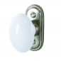 White porcelain oval window knob on satin nickel-plated zamak plate.