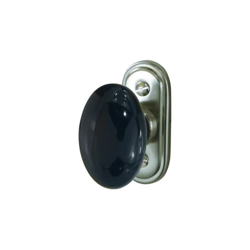 Black porcelain oval window knob on satin nickel-plated zamak plate.