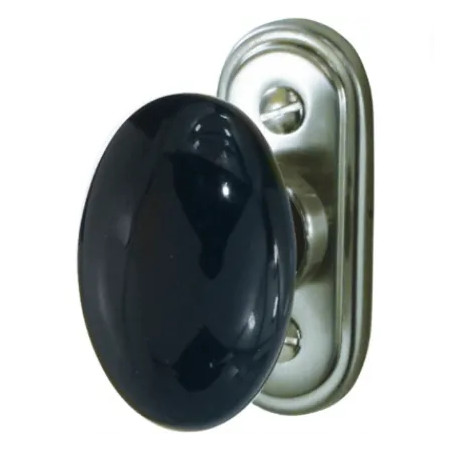 Black porcelain oval window knob on satin nickel-plated zamak plate.