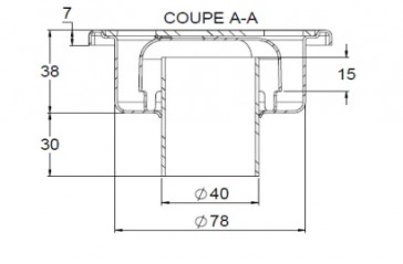 Hofsiphon aus Edelstahl 100x100, Auslaufdurchmesser 40mm.