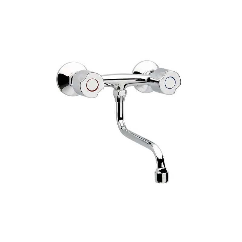 Chrome-plated wall-mounted sink mixer with movable S-spout.