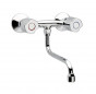 Chrome-plated wall-mounted sink mixer with movable S-spout.