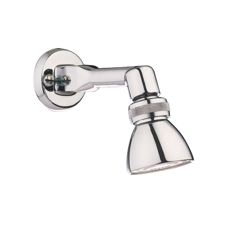 Pomme de douche orientable sur bras de douche en applique.