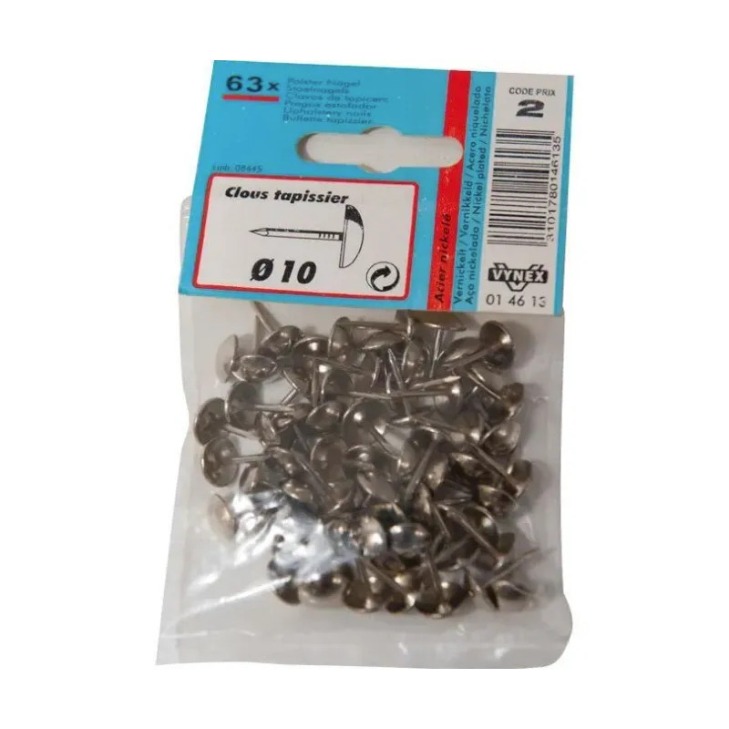 Nickel-plated steel upholstery nails, diameter 10mm, 63 pcs.