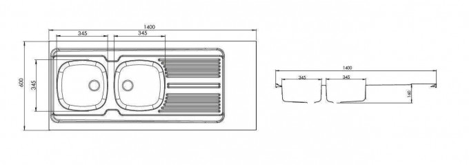 LAVELLI stainless steel 18/10 1400 x 600 mm sink with 2 basins and 1 drainer, free-standing