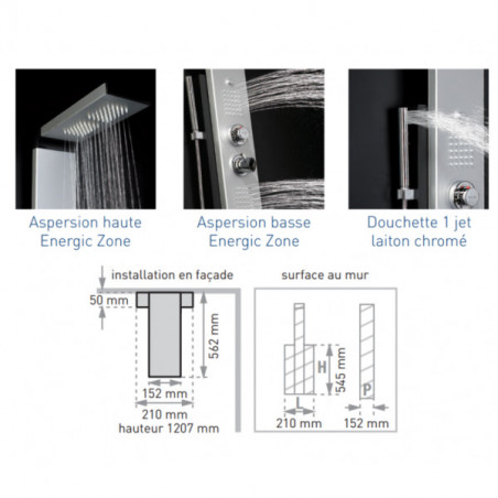 Colonne de douche hydromassante Dune, multi jets, aluminium et noir