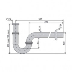 Siphon lavabo tube laiton chromé, 33x42 hauteur 150 à 200 mm