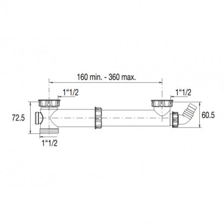 Adjustable 2-bowl sink socket 160-360 mm, washing machine/overflow connection