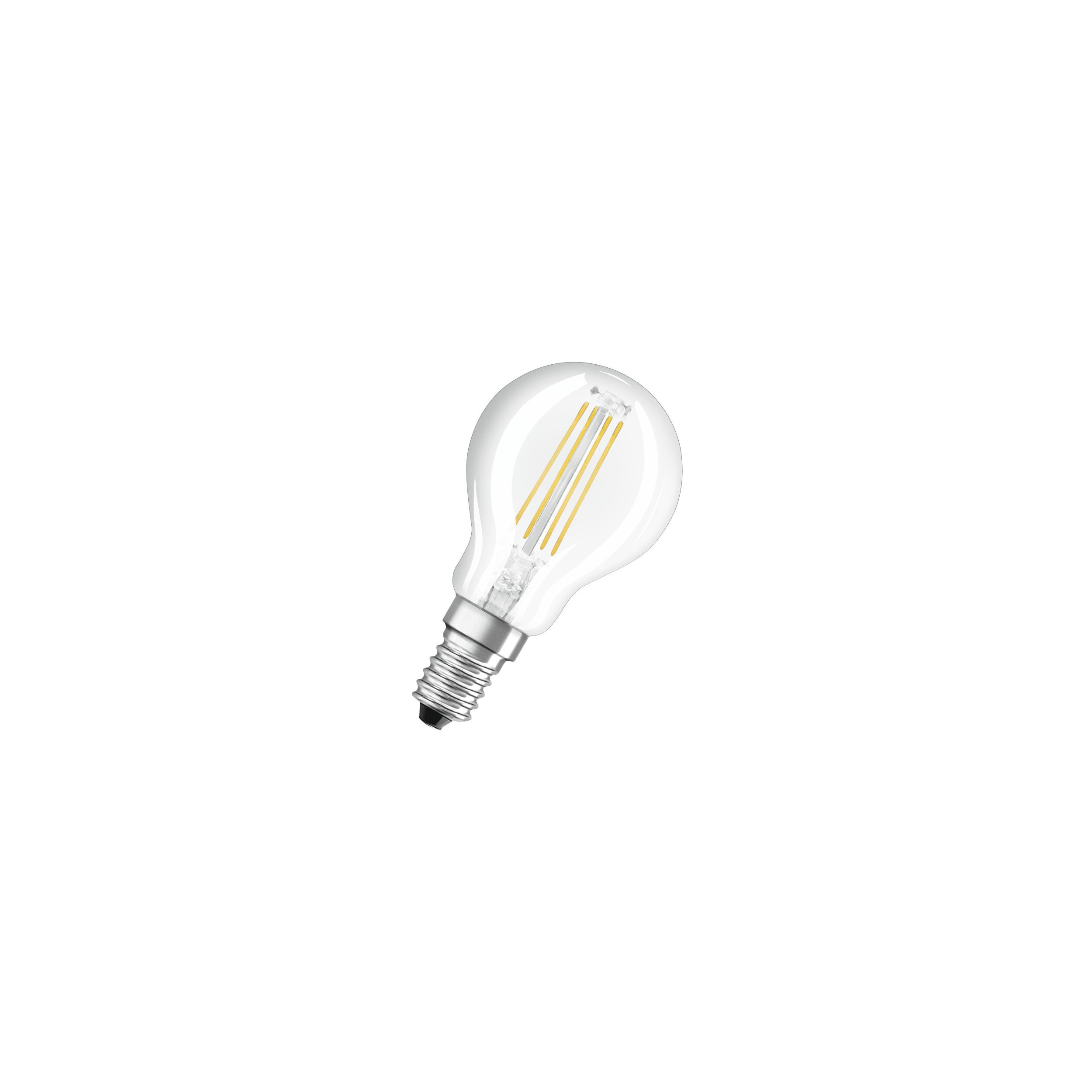 Bombilla LED de filamento esférico E14 de 4 W, blanco cálido.