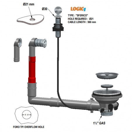 Automatic sink drain with control, chrome, round overflow and pushbutton