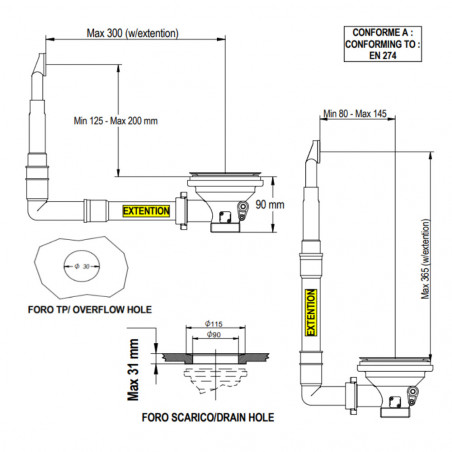 Automatic sink drain with control, chrome, round overflow and pushbutton