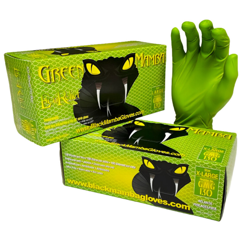 Caja de 100 guantes de nitrilo grueso biodegradables Mamba Verde talla L, alta resistencia