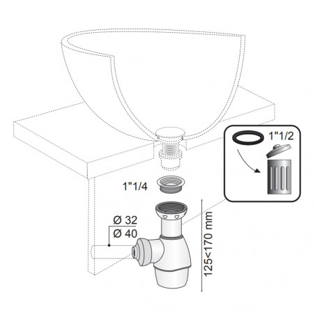 Sifone universale per lavabo, lavatoio, bidet e lavello con uscita Ø32/40 mm