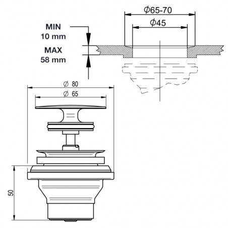 Bonde de lavabo fermeture à pression laiton chromé, 33x42 (1"1/4)